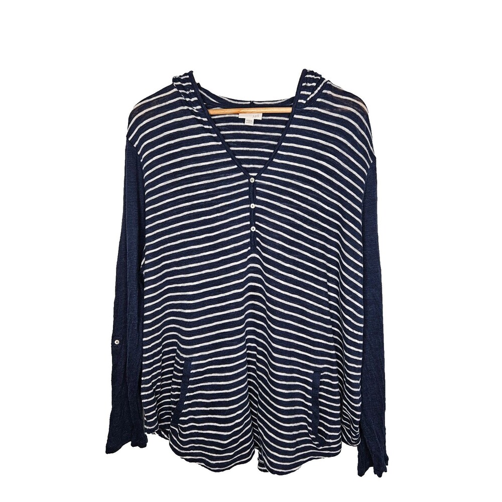 J. JILL Hooded Linen Blend Long Sleeve Tee Shirt Plus 2X Blue White Stripes